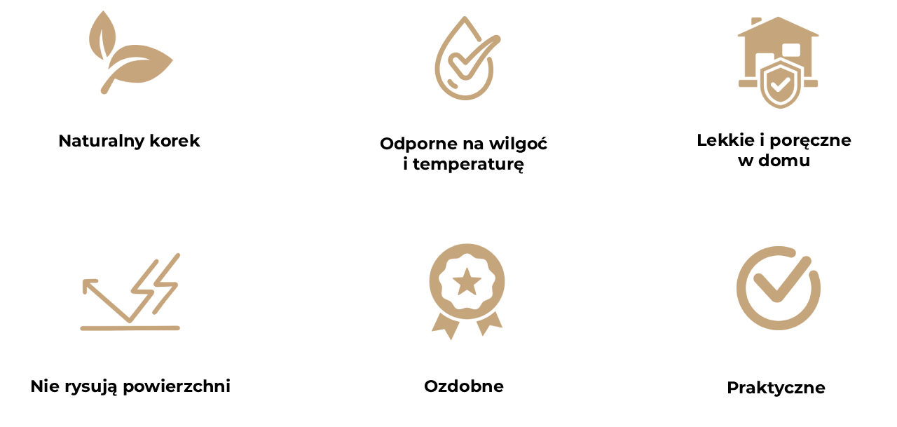 Obraz przedstawia sześć ikon opisujących zalety korkowych podkładek z nadrukiem.